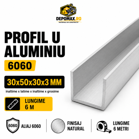 Profil U aluminiu 30 x 50 x 30 x 3 mm, 6 metri